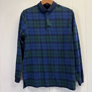 VTG Lands End Men Y2K 90s Preppy Plaid Long Sleeve Polo Shirt Size M Academia US